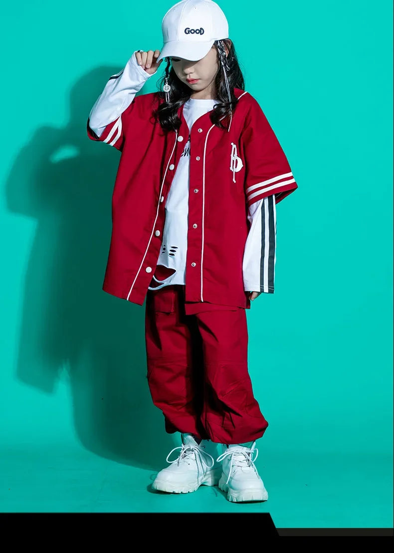 Kids Teenage Streetwear Hip Hop Clothing Red Shirt Tops Casual Cargo Jogger Pants For Girl Boy Jazz Dance Costume Rave Clothes