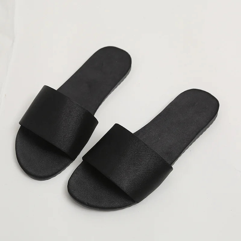 Summer New Home Slippers Fashion Flat Casual Satin Simulation Silk Slippers Indoor Non-slip Peep Toe Slides Wedding  Flip Flops
