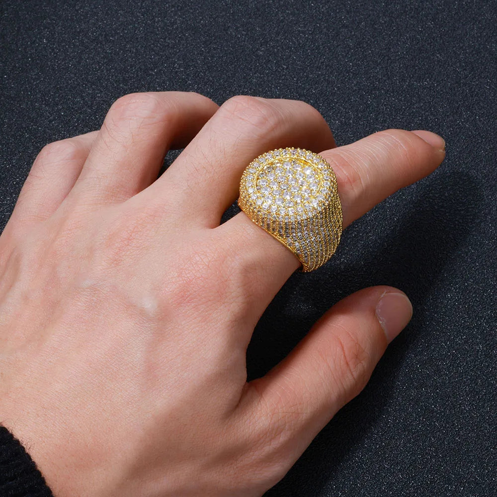 Hip Hop Iced out Diamond Round Ring Full Pave Big Circle Honeycomb Brilliant Cut CZ Brass Rings Jewelry Men Women Gift