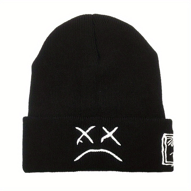 Sad Face Embroidery Graphic Beanie Trendy Black & White Knit Hats Casual Skull Cap Hip Hop Cuffed Beanies For Women Men
