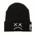 Sad Face Embroidery Graphic Beanie Trendy Black & White Knit Hats Casual Skull Cap Hip Hop Cuffed Beanies For Women Men