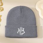 NY Embroidered Beanie - Stretchy, Lightweight Knit Hat for Fall & Winter | Machine Washable & Dry Cleanable | Acrylic Material | Elastic Fit | Woven Craftsmanship | Grey Color