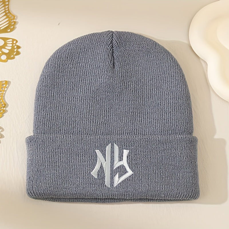 NY Embroidered Beanie - Stretchy, Lightweight Knit Hat for Fall & Winter | Machine Washable & Dry Cleanable | Acrylic Material | Elastic Fit | Woven Craftsmanship | Grey Color