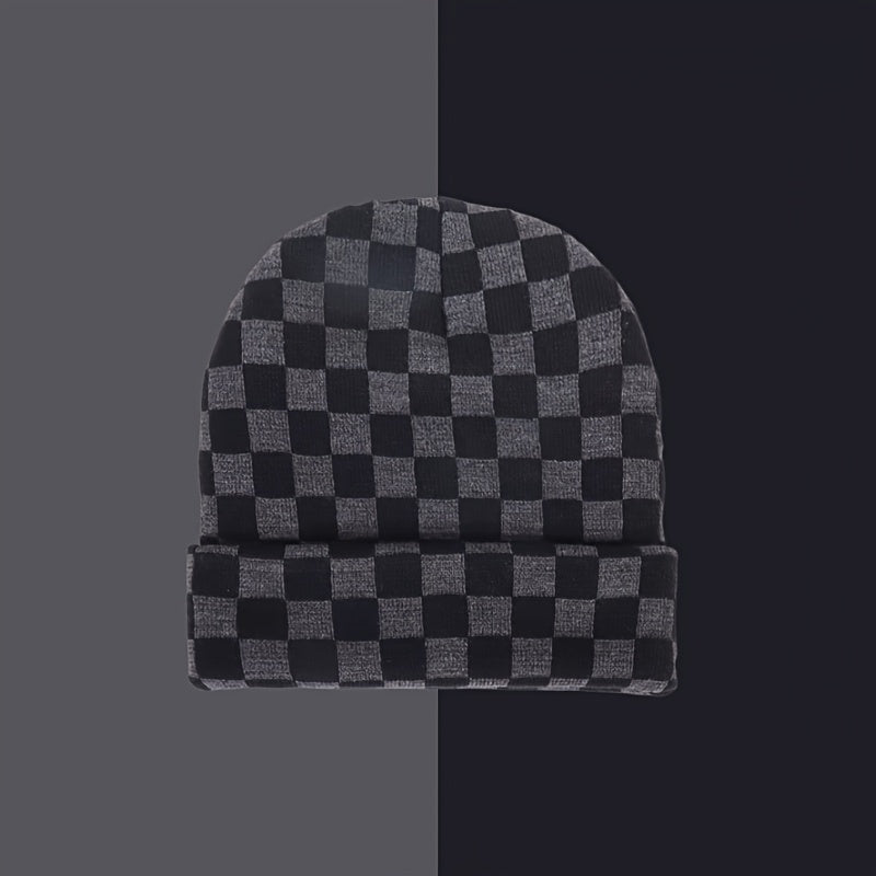 2 Minimalist Beanies with Chic Style Checkered Jacquard Rolled-Cuff Beanie Warm and Cozy for Cold Weather Casual and Versatile Stretchy Hip-Hop Streetwear Beanie for Outdoor Wear Women's Flat-Brim Beanie Men's Flat-Brim Beani