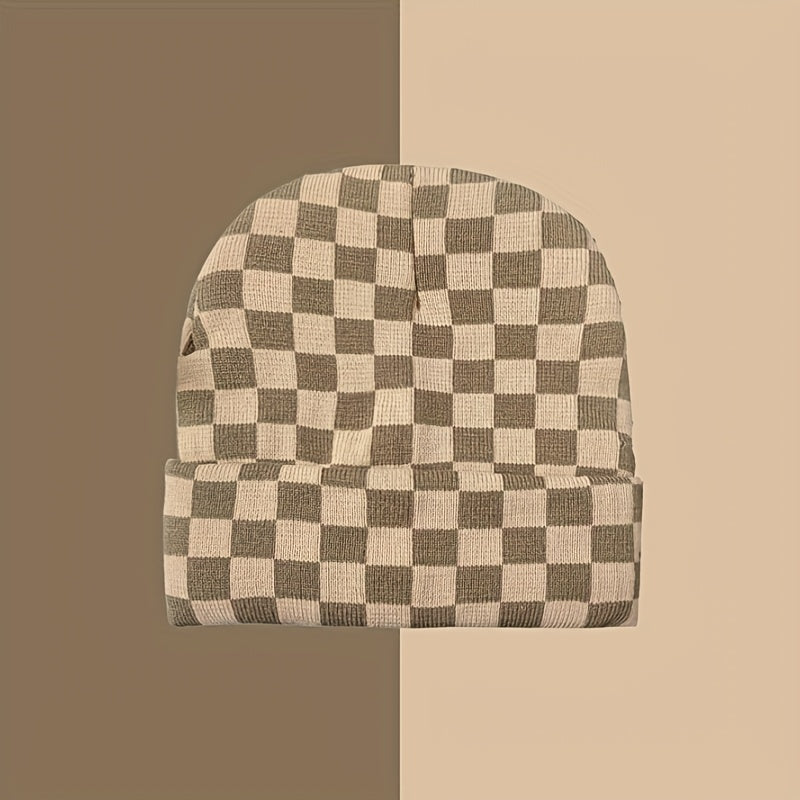 2 Minimalist Beanies with Chic Style Checkered Jacquard Rolled-Cuff Beanie Warm and Cozy for Cold Weather Casual and Versatile Stretchy Hip-Hop Streetwear Beanie for Outdoor Wear Women's Flat-Brim Beanie Men's Flat-Brim Beani
