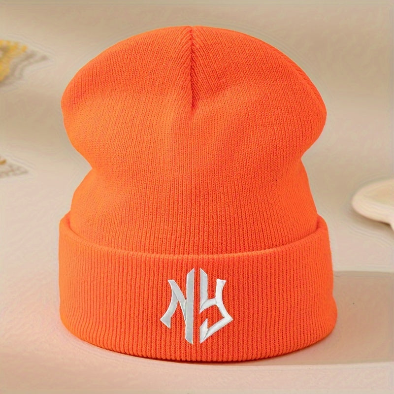 NY Embroidered Beanie - Stretchy, Lightweight Knit Hat for Fall & Winter | Machine Washable & Dry Cleanable | Acrylic Material | Elastic Fit | Woven Craftsmanship | Grey Color