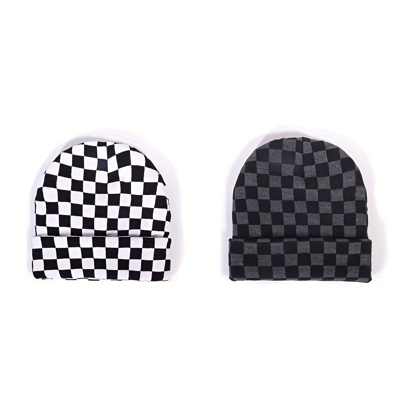 2 Minimalist Beanies with Chic Style Checkered Jacquard Rolled-Cuff Beanie Warm and Cozy for Cold Weather Casual and Versatile Stretchy Hip-Hop Streetwear Beanie for Outdoor Wear Women's Flat-Brim Beanie Men's Flat-Brim Beani